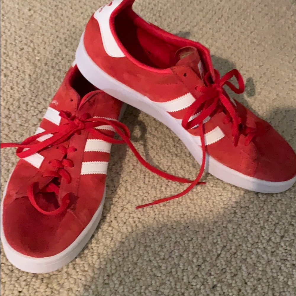 Red suede adidas campus shoes
